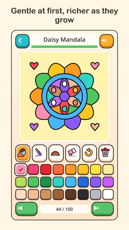 A daisy mandala, fully coloured